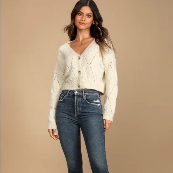 Lulu’s | Straight to the Point Cream Pointelle Knit Cardigan Sweater | small - Picture 1 of 13